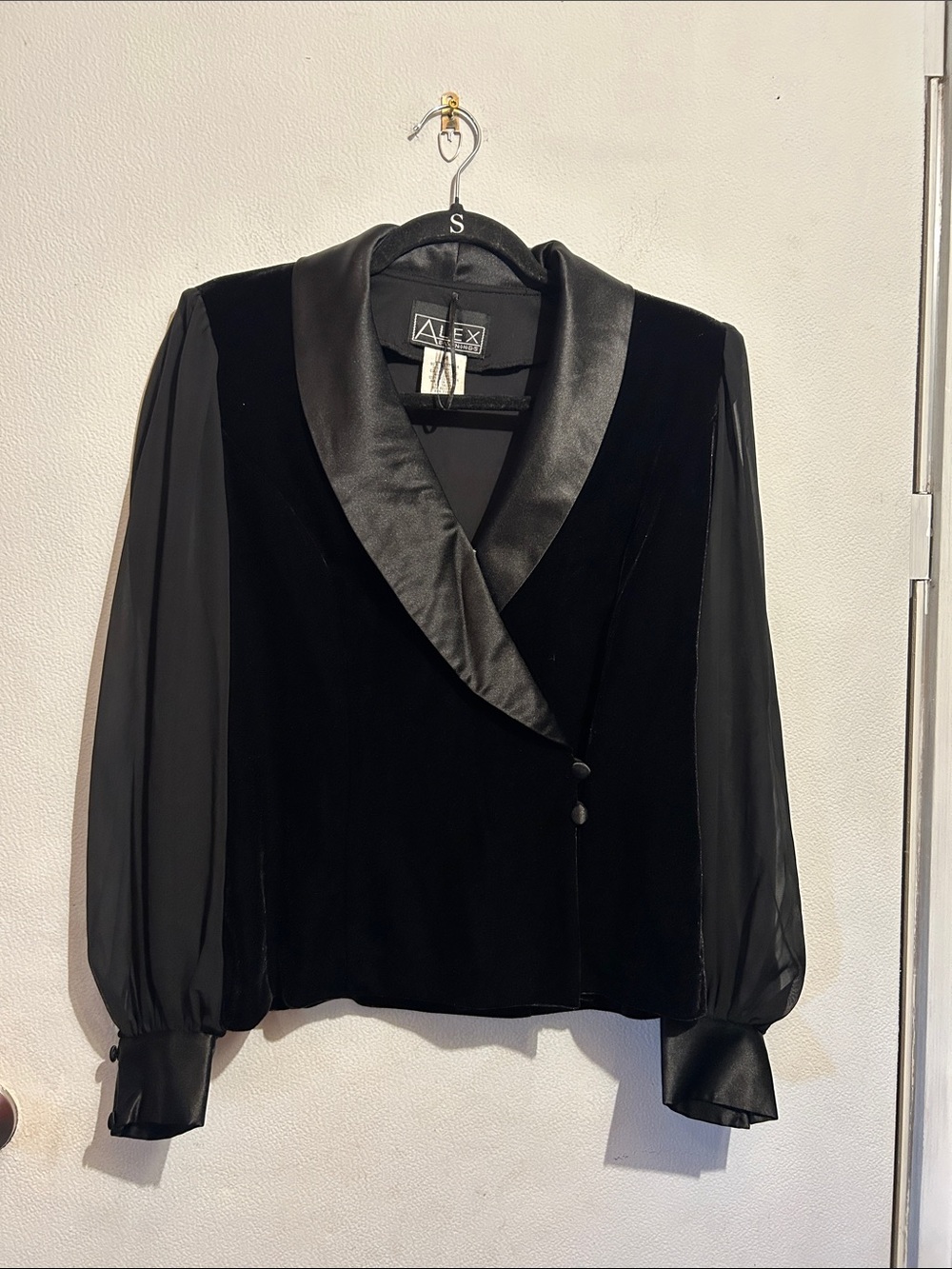 Alex Evenings Black Velvet and Satin Shawl Collar Blouse